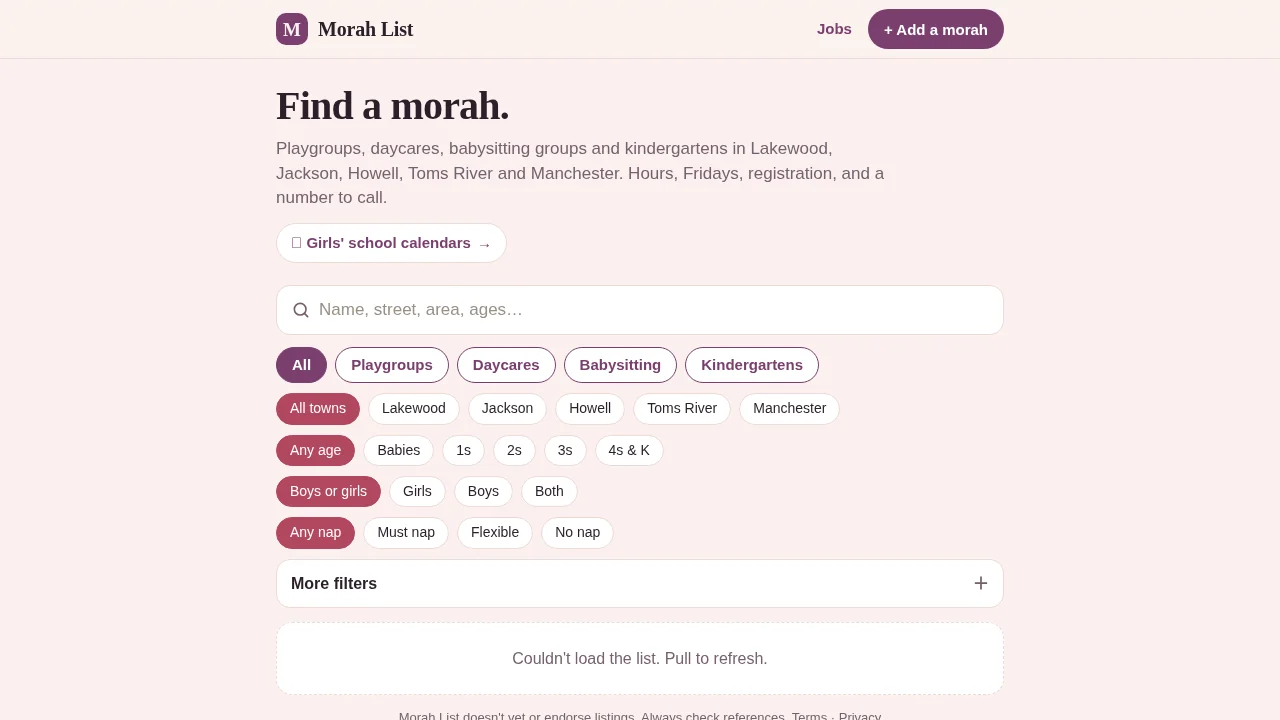 Morah List: Source-page preview: listings failed to load captured 11 Oct 2026. Not a product test.
