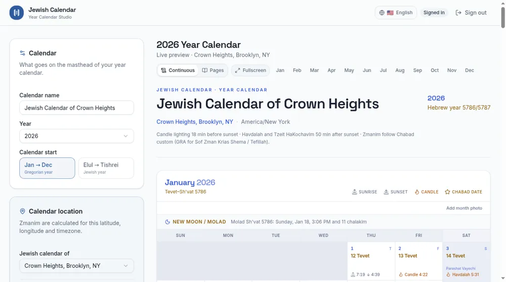 Luach: Jewish Year Calendar Studio: website/source-page preview captured 8 Oct 2026. Not a product test.